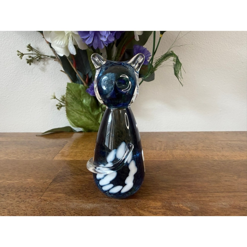 Vintage Jan Benda Krystyna Glass Cat Figurine Canadian Art Glass Blue Sculpture